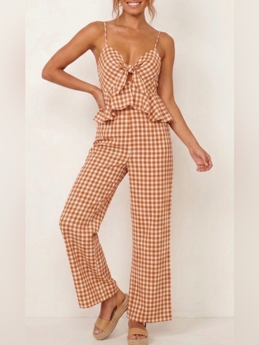Saylor x Anthropologie Laken Gingham Ruffle Jumpsuit Apricot White Small